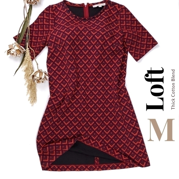 LOFT Medium Navy Red Orange Geodesic Print Dress Size M - Picture 1 of 13